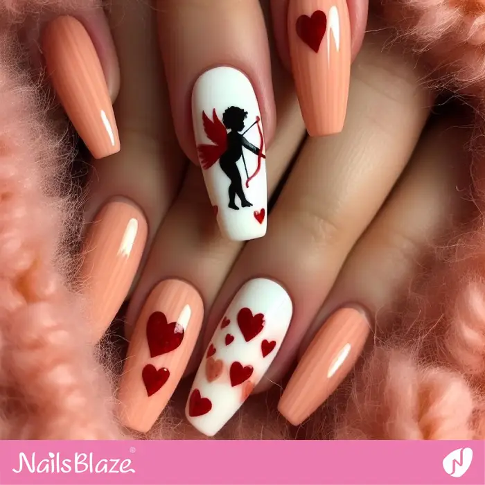 Cupid Angel with Bow, Arrow, and Hearts Peach Fuzz Nails | Valentine Nails - NB2354